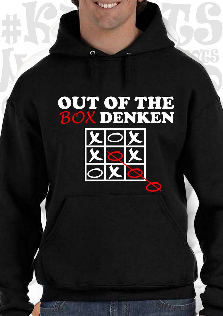 OUT OF THE BOX DENKEN heren hoodie - Zwart - Maat 4XL - lange mouwen - Met capuchon en steekzakken - grappige teksten - leuke truien | sweaters - humor - quotes - kwoots - kado - cadeau - Anders denken